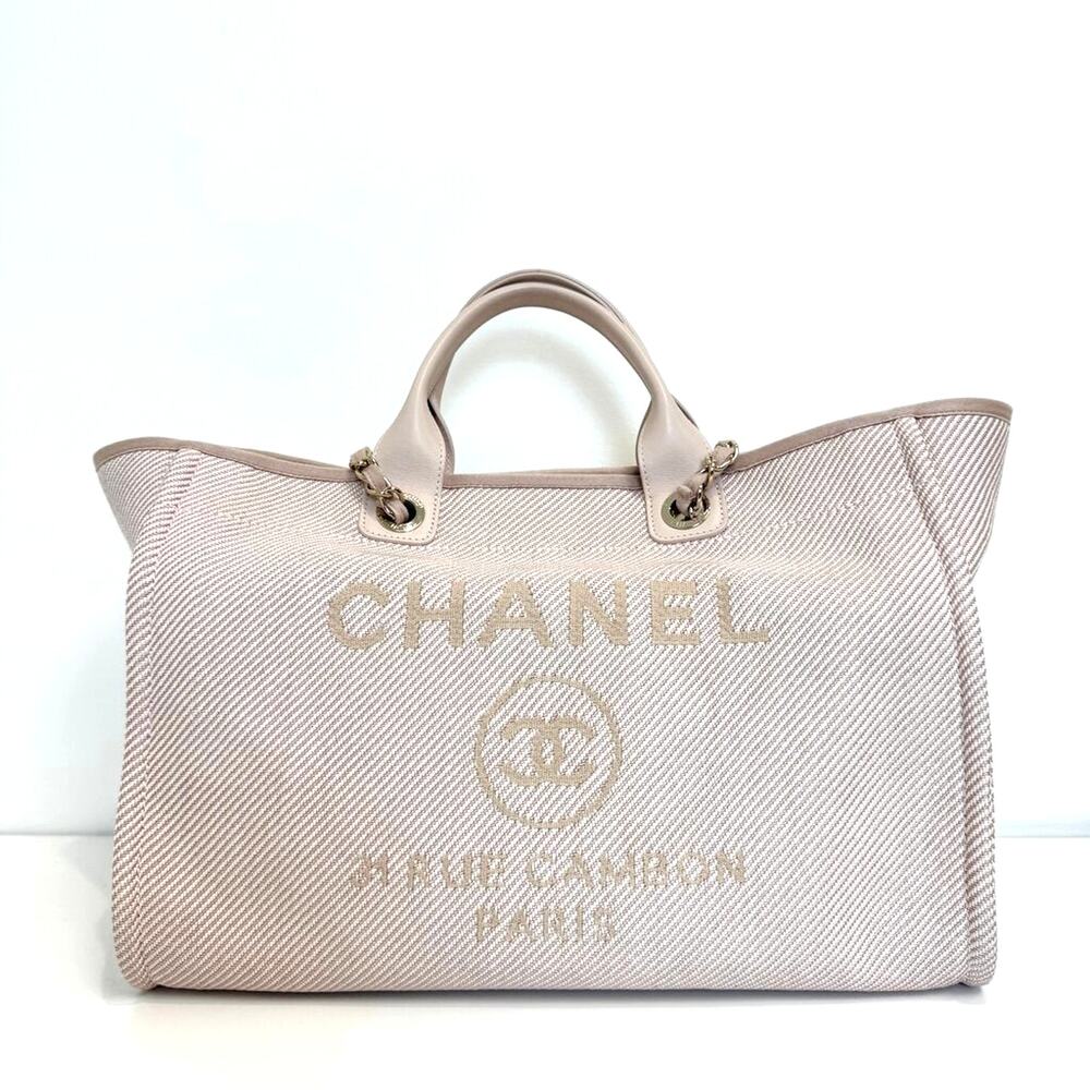 CHANEL Deauville Light Pink Canvas Leather Bag CC Logo Tote Travel Shoulder Bag